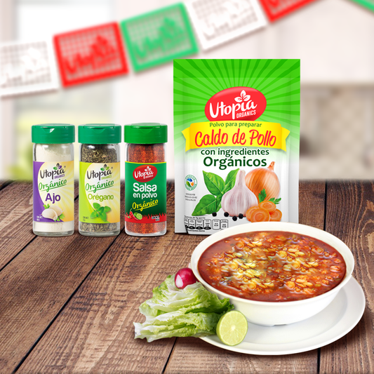 Prepara un rico Pozole con Caldo de pollo de Utopía Organics.